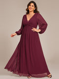 V-Neck Plus Size A-Line Pleated Long Sleeves Chiffon Formal Evening Dress