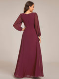 Elegant A-Line Chiffon Empire-Waist Pleated Formal Evening Dress with Long Sleeves