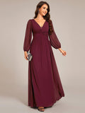 Elegant A-Line Chiffon Empire-Waist Pleated Formal Evening Dress with Long Sleeves