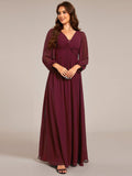 Elegant A-Line Chiffon Empire-Waist Pleated Formal Evening Dress with Long Sleeves