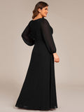 V-Neck Plus Size A-Line Pleated Long Sleeves Chiffon Formal Evening Dress