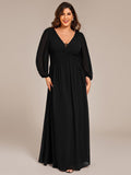 V-Neck Plus Size A-Line Pleated Long Sleeves Chiffon Formal Evening Dress