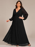 V-Neck Plus Size A-Line Pleated Long Sleeves Chiffon Formal Evening Dress