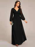 Elegant A-Line Chiffon Empire-Waist Pleated Formal Evening Dress with Long Sleeves