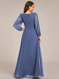 Elegant A-Line Chiffon Empire-Waist Pleated Formal Evening Dress with Long Sleeves