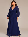 V-Neck Plus Size A-Line Pleated Long Sleeves Chiffon Formal Evening Dress