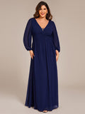 V-Neck Plus Size A-Line Pleated Long Sleeves Chiffon Formal Evening Dress