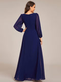 Elegant A-Line Chiffon Empire-Waist Pleated Formal Evening Dress with Long Sleeves