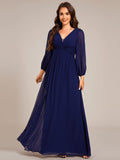 Elegant A-Line Chiffon Empire-Waist Pleated Formal Evening Dress with Long Sleeves