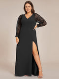 Plus Size A-Line High Slit Appliques Long Sleeve Chiffon Formal Evening Dress