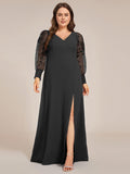 Plus Size A-Line High Slit Appliques Long Sleeve Chiffon Formal Evening Dress