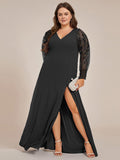 Plus Size A-Line High Slit Appliques Long Sleeve Chiffon Formal Evening Dress