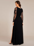 A-Line See-Through V-Neck High Slit Chiffon Formal Evening Dress with Long Sleeves