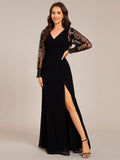A-Line See-Through V-Neck High Slit Chiffon Formal Evening Dress with Long Sleeves