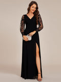 A-Line See-Through V-Neck High Slit Chiffon Formal Evening Dress with Long Sleeves