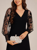 A-Line See-Through V-Neck High Slit Chiffon Formal Evening Dress with Long Sleeves