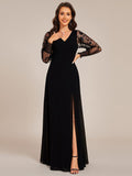 A-Line See-Through V-Neck High Slit Chiffon Formal Evening Dress with Long Sleeves