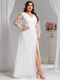 Plus Size A-Line High Slit Appliques Long Sleeve Chiffon Formal Evening Dress