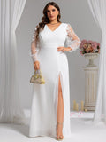Plus Size A-Line High Slit Appliques Long Sleeve Chiffon Formal Evening Dress