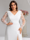 Plus Size A-Line High Slit Appliques Long Sleeve Chiffon Formal Evening Dress