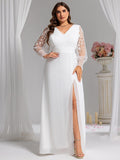 Plus Size A-Line High Slit Appliques Long Sleeve Chiffon Formal Evening Dress
