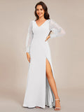 A-Line See-Through V-Neck High Slit Chiffon Formal Evening Dress with Long Sleeves