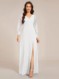 A-Line See-Through V-Neck High Slit Chiffon Formal Evening Dress with Long Sleeves