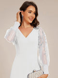 A-Line See-Through V-Neck High Slit Chiffon Formal Evening Dress with Long Sleeves