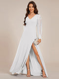 A-Line See-Through V-Neck High Slit Chiffon Formal Evening Dress with Long Sleeves