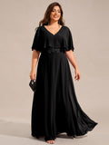 A-Line Plus Size Empire-Waist Chiffon Formal Dress with Half Sleeves