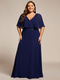 A-Line Plus Size Empire-Waist Chiffon Formal Dress with Half Sleeves
