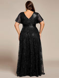 A-Line Illusion V-neck Short Sleeve Sequin Empire-Waist Formal Dress
