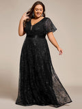 A-Line Illusion V-neck Short Sleeve Sequin Empire-Waist Formal Dress
