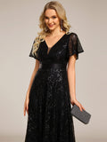 A-Line Illusion V-neck Short Sleeve Sequin Empire-Waist Formal Dress