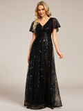 A-Line Illusion V-neck Short Sleeve Sequin Empire-Waist Formal Dress
