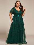 A-Line Illusion V-neck Short Sleeve Sequin Empire-Waist Formal Dress