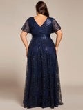 Plus Size A-Line Illusion V-neck Short Sleeve Formal Dress with Sequins