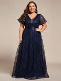Plus Size A-Line Illusion V-neck Short Sleeve Formal Dress with Sequins