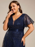Plus Size A-Line Illusion V-neck Short Sleeve Formal Dress with Sequins