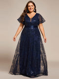 Plus Size A-Line Illusion V-neck Short Sleeve Formal Dress with Sequins