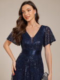A-Line Illusion V-neck Short Sleeve Sequin Empire-Waist Formal Dress