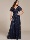 A-Line Illusion V-neck Short Sleeve Sequin Empire-Waist Formal Dress