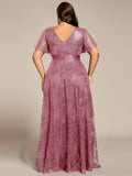 Plus Size A-Line Illusion V-neck Short Sleeve Formal Dress with Sequins