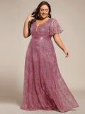 Plus Size A-Line Illusion V-neck Short Sleeve Formal Dress with Sequins