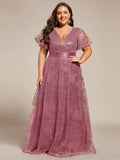 Plus Size A-Line Illusion V-neck Short Sleeve Formal Dress with Sequins