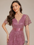A-Line Illusion V-neck Short Sleeve Sequin Empire-Waist Formal Dress