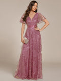 A-Line Illusion V-neck Short Sleeve Sequin Empire-Waist Formal Dress