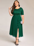 Plus Size A-Line Short Sleeve Scoop Neck Formal Dress with Slit