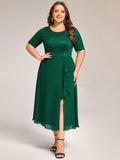 Plus Size A-Line Short Sleeve Scoop Neck Formal Dress with Slit