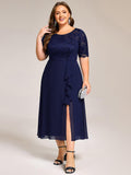 Plus Size A-Line Short Sleeve Scoop Neck Formal Dress with Slit